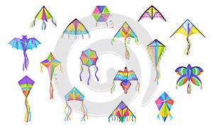 Flying kites, colorful bird, butterfly and bat shapes