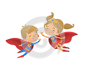 Flying and laughing Superhero boy and girl. Brown Hair Super hero children illustration isolated on white background