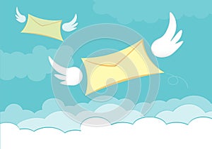 Flying letter with angel wing in the blue sky vector