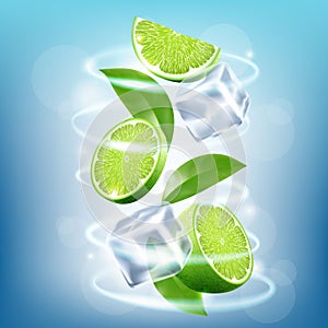 Flying lime slices with ice cubes and leaves isolated on blue background, concept of summer refreshments. Realistic 3d vector