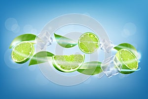 Flying lime slices with ice cubes and leaves isolated on blue background, concept of summer refreshments. Realistic 3d vector
