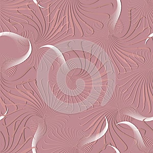 Flying lines abstract 3d seamless pattern. Pink ornamental vector background. Textured modern floral ornament with embossing