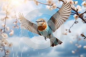 Flying little colorful tropical bird in the air on a blooming tree background.