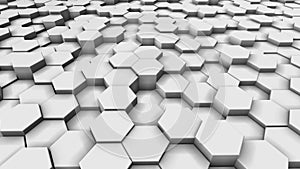 Flying at low angle over abstract mesh of hexagonal background in gray and white tones