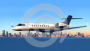 Flying luxury commercial airplane taking off over urban skyscrapers generated by AI