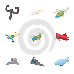 Flying machine icons set, cartoon style