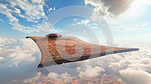 Flying magic carpet in sky with clouds, fantasy travel concept