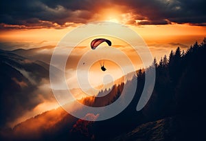 Flying man with parachute on sunset. Extreme paragliding over mountains. generative ai