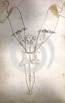 Flying man using wings for flight, 15th century. Anonymous sienese engineer