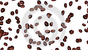 Flying many coffee beans. Caffeine drink, Breakfast, Aroma. 3D animation of roasted coffee beans rotating. Loop animation.