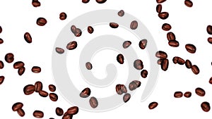 Flying many coffee beans. Caffeine drink, Breakfast, Aroma. 3D animation of roasted coffee beans rotating. Loop animation.