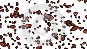 Flying many coffee beans. Caffeine drink, Breakfast, Aroma. 3D animation of roasted coffee beans rotating. Loop animation.