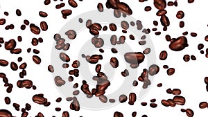 Flying many coffee beans. Caffeine drink, Breakfast, Aroma. 3D animation of roasted coffee beans rotating. Loop animation.