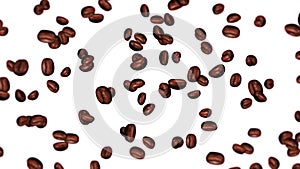 Flying many coffee beans. Caffeine drink, Breakfast, Aroma. 3D animation of roasted coffee beans rotating. Loop animation.