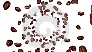 Flying many coffee beans. Caffeine drink, Breakfast, Aroma. 3D animation of roasted coffee beans rotating. Loop animation.