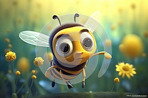 Flying on medow cute adorable baby bee - friendly cartoon animation fantasy style created by AI