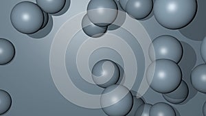 Flying metal spheres on gray background, 3d render video, silver iron balls moving