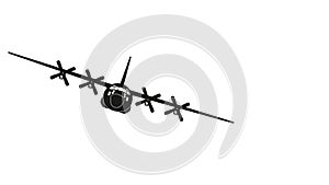 Flying military aircraft on white background. Black silhouette of cargo plane. Front view
