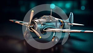 Flying military airplane, propeller spinning, armed forces in cockpit generated by AI
