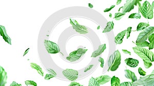 Flying mint leaves on a white background