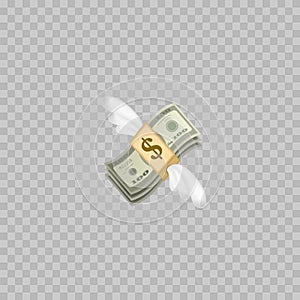 Flying money emoji with wings. Dollar stack. Vector