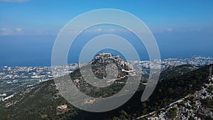 Flying in the mountains and over the sea. The blue sea on the horizon. Cyprus.