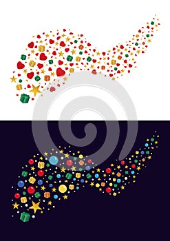 Flying multicolored holidays stars, balls, gift boxes, hearts, snow fly in a whirlwind. Vector