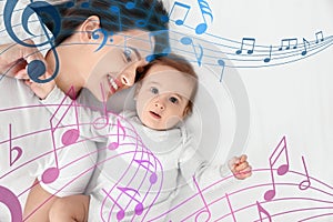 Flying music notes and mother with her cute baby lying on bed, top view. Lullaby songs