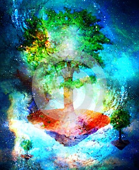 Flying mystical tree motive, original painting with graphic effect.