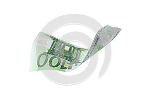 Flying one hundred Euro banknote isolated