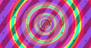 Flying through optical illusion of circles creating abstract tunnel. Pink, green, and purple spectrum. Modern colorful