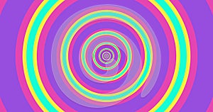 Flying through optical illusion of circles creating abstract tunnel. Pink, green, and purple spectrum. Modern colorful