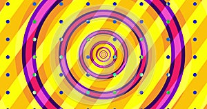 Flying through optical illusion of circles creating abstract tunnel. Yellow, pink and purple spectrum.