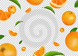 Flying oranges. Fruit juice fall, 3d citrus slices and fresh food leaves, circle frame with copy space, green summer