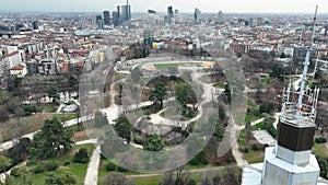 flying over an ancient observation deck in the center of Milan in 4k