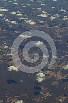 Flying over arid and dry land. State of Ceara, Brazil.