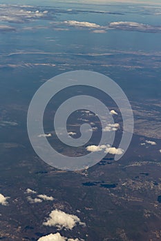 Flying over arid and dry land. State of Ceara, Brazil.