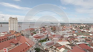 Flying over Asia town and with a long bridge across the Mekong River as backdrop