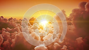 Flying over the beautiful infinite clouds with the evening or morning sun shining bright seamless. Looped 3d animation