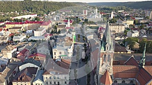 Flying over center of Chortkiv city, Ternopil region, Ukraine