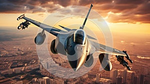 A flying over the cities at sunset jet fighter f16 with great speed.Patrol of military combat aviation