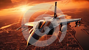 A flying over the cities at sunset jet fighter f16 with great speed.Patrol of military combat aviation