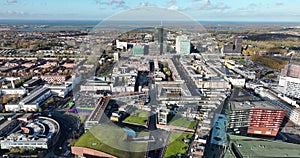 Flying over the city of Almere in Flevoland, The Netherlands.