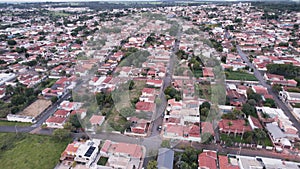 Flying over the city of Brotas, in the interior of the state of SÃ£o Paulo, Brazil. city with rivers and farms