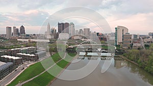 Flying in over the Columbus Ohio Skyline Featuring Scioto River