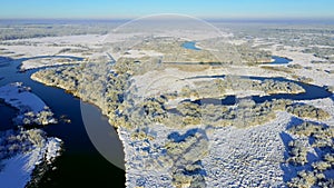 Flying over coniferous trees with a picturesque river crossing the forest. Beautiful winter landscape