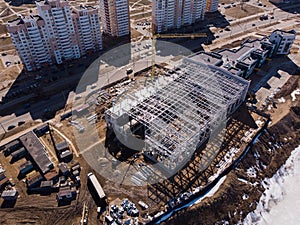 Flying over a construction site, top view. Aerial photography