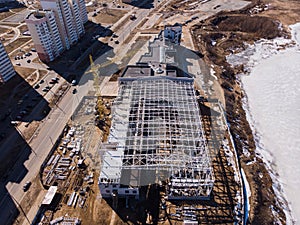 Flying over a construction site, top view. Aerial photography