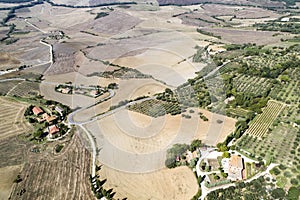 Flying over the countryside of the beautiful val d`Orcia siena Tuscany