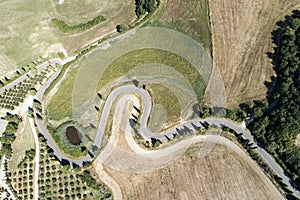 Flying over the countryside of the beautiful val d`Orcia siena Tuscany